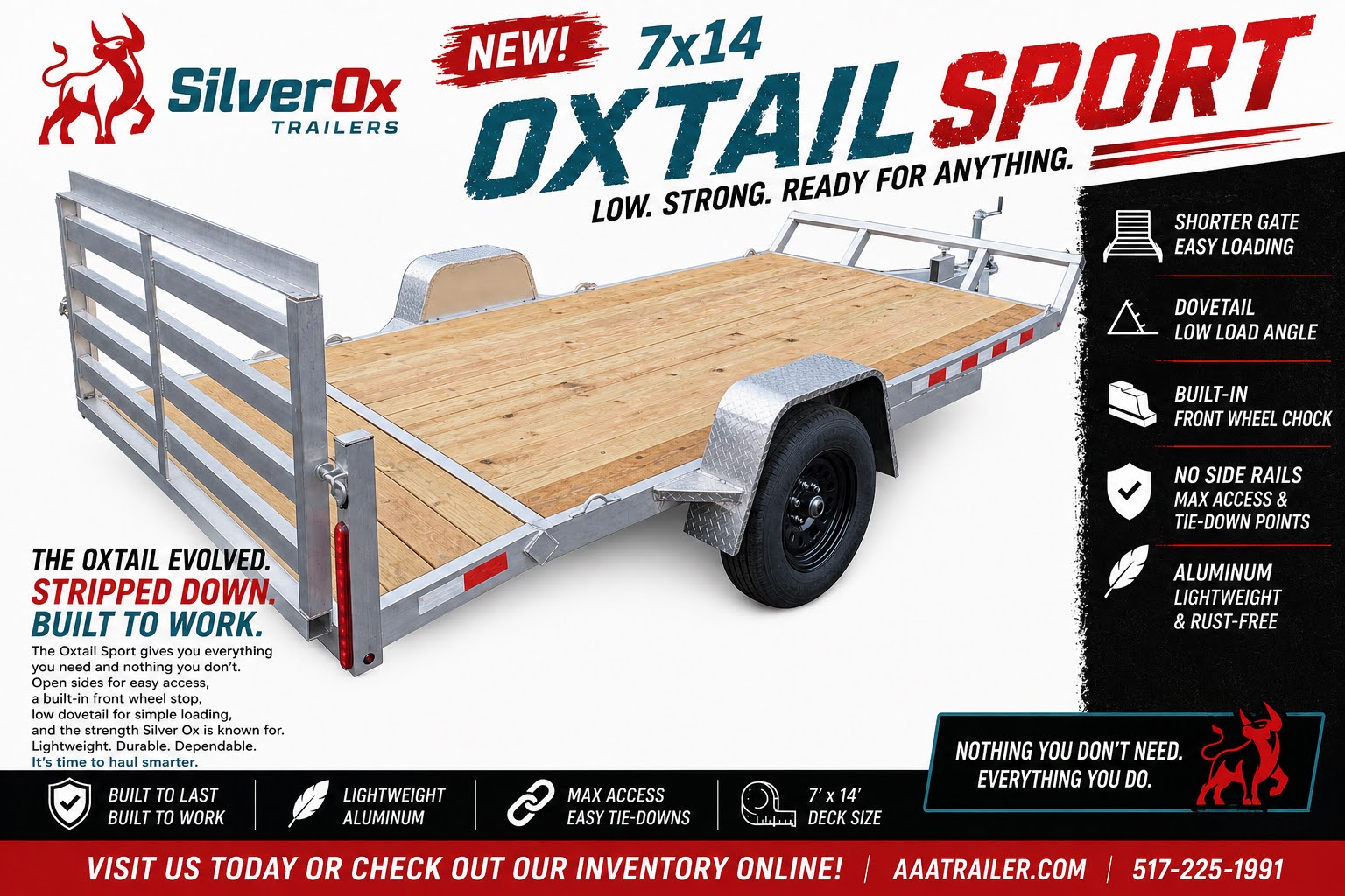 Silver Ox 7x14 Oxtail Sport launch flyer showing a three-quarter product illustration with the rear gate down, feature callouts for the dovetail, wheel chock, no side rails, and lightweight aluminum frame