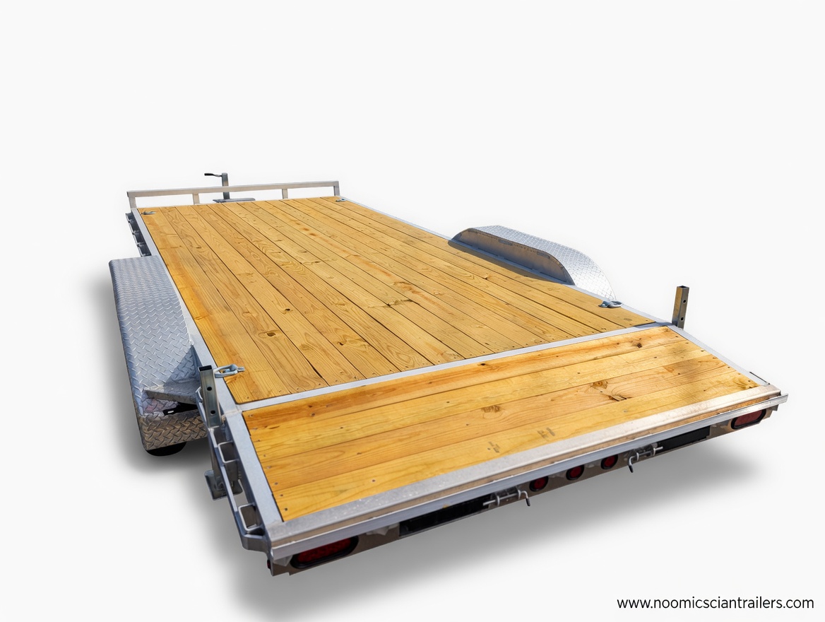 Silver Ox Boss 7K aluminum car hauler with slide-out steel ramps deployed — rear view