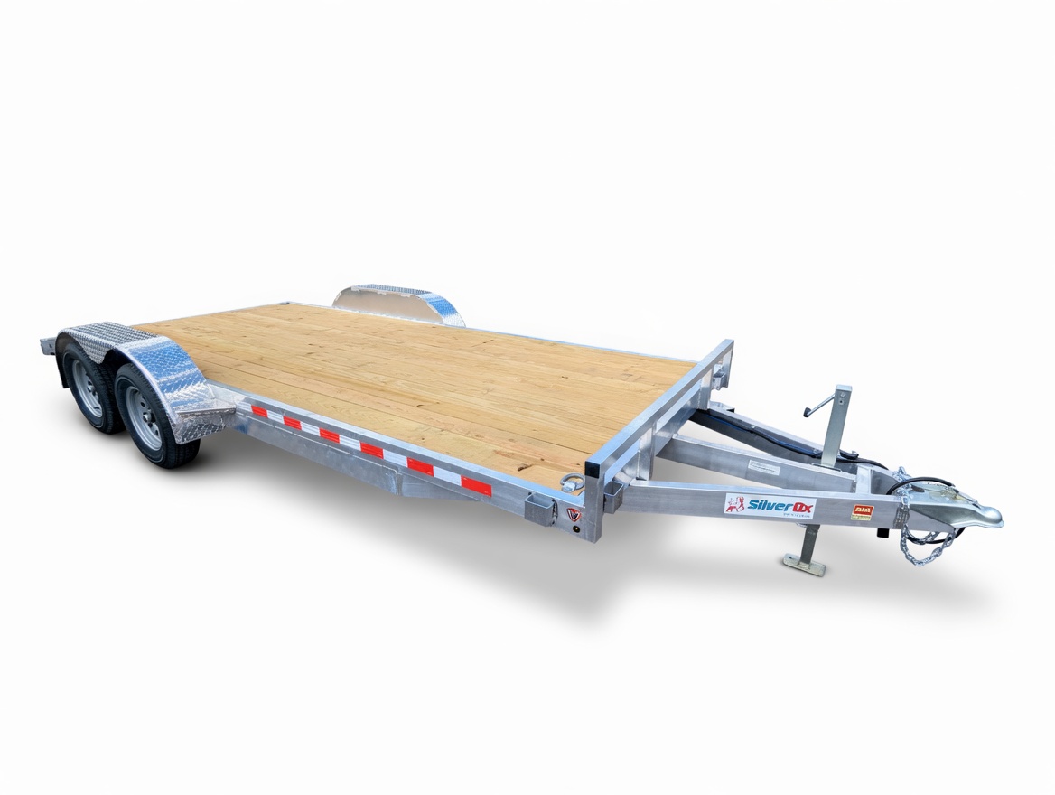 Silver Ox Boss 7K all-aluminum car hauler — studio front 3/4 view