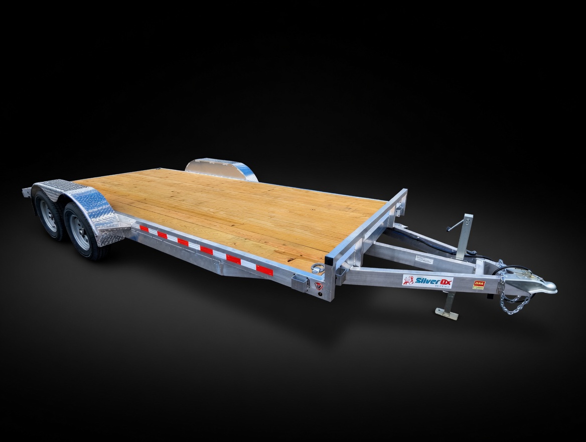 Silver Ox Boss 7K all-aluminum car hauler — studio front view