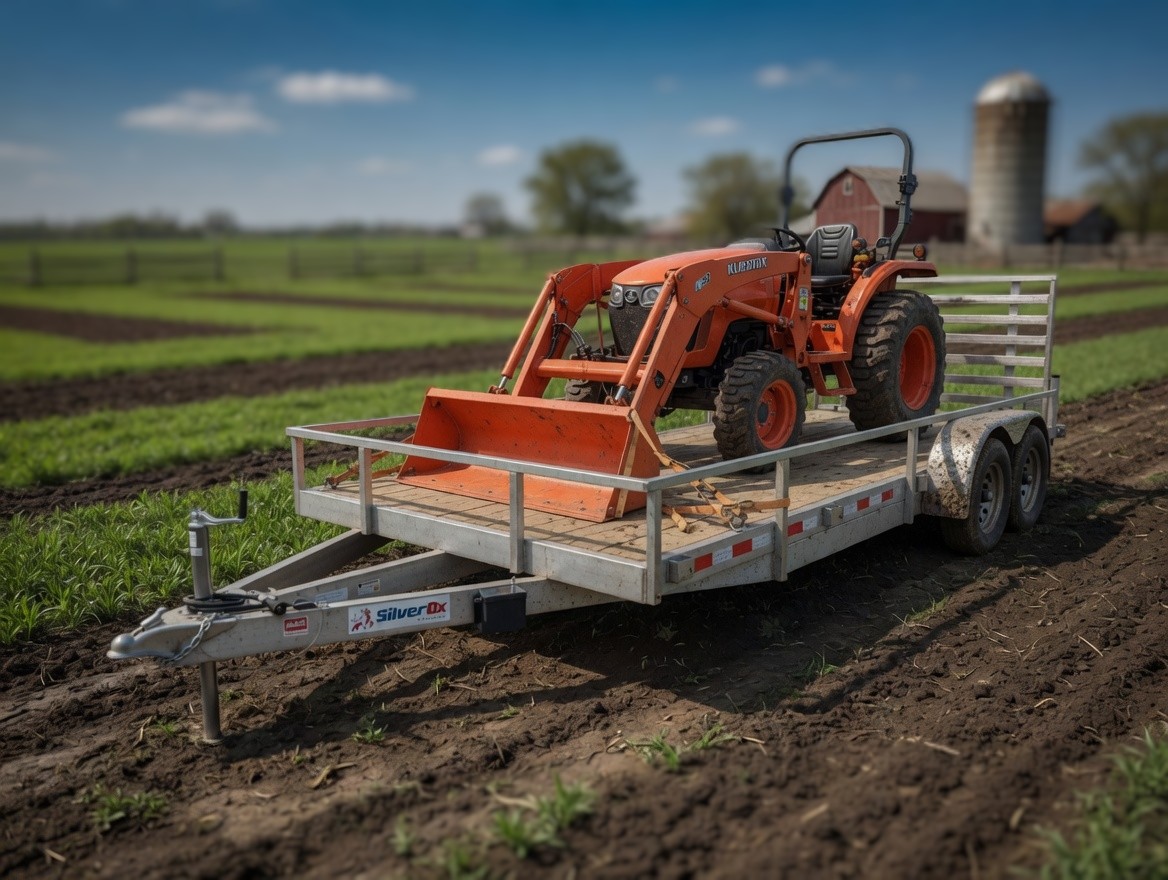 Silver Ox HD Utility aluminum trailer with Kubota tractor on Michigan farm
