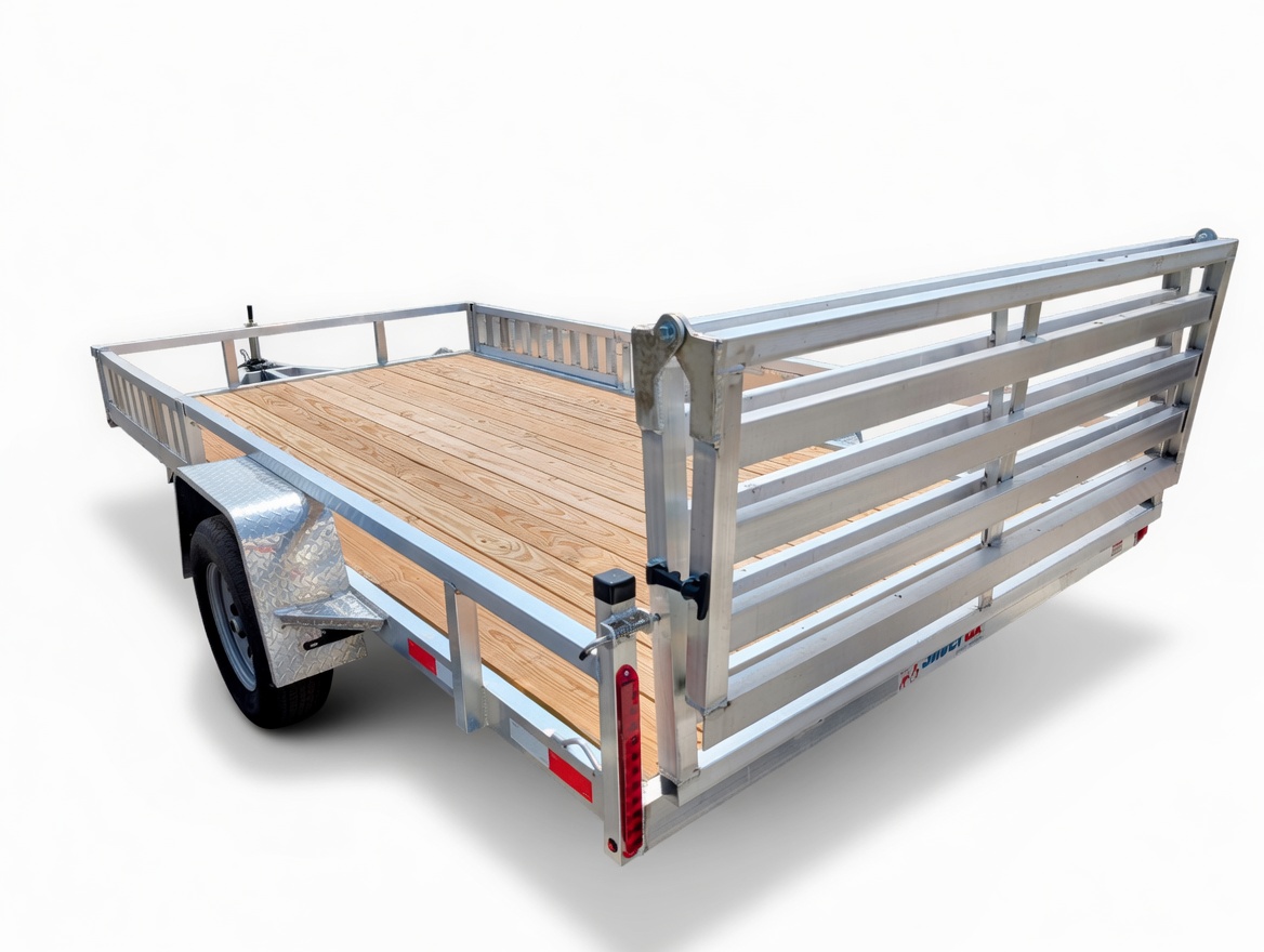Silver Ox utility trailer rear view with fold-flat ramp gate open