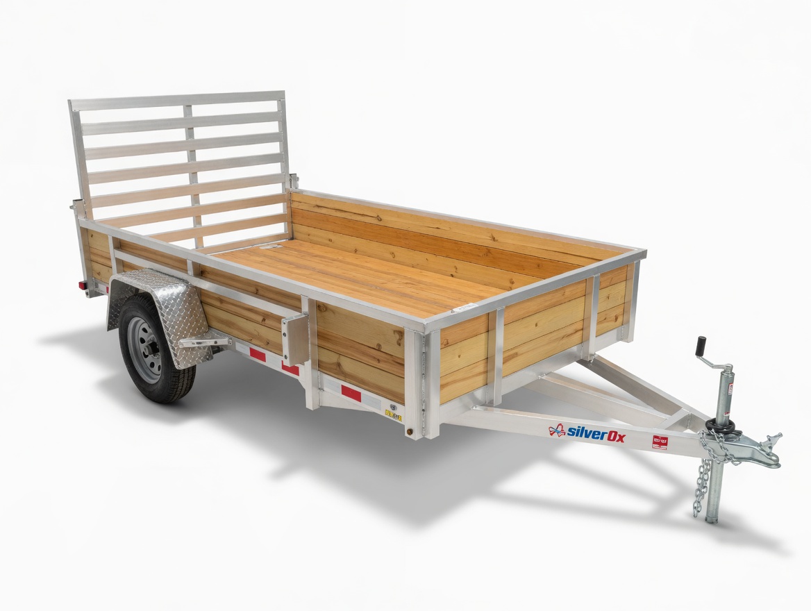 Silver Ox Woody single-axle wood-sided aluminum trailer — front 3/4 view