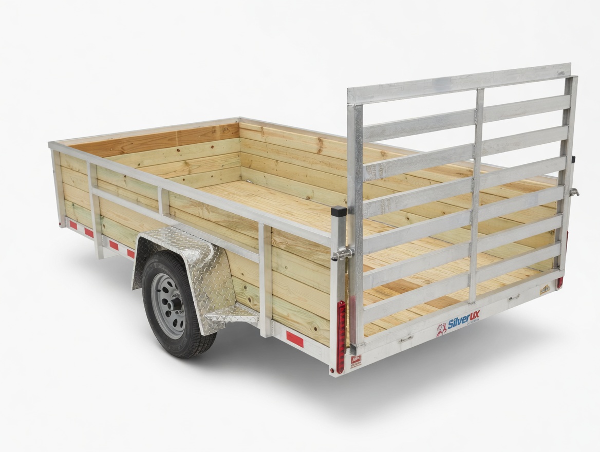 Silver Ox Woody single-axle wood-sided trailer rear ramp gate view