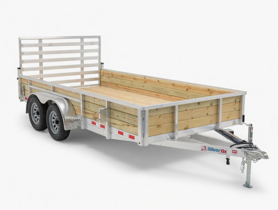 Silver Ox Woody tandem-axle wood-sided aluminum trailer — front 3/4 view