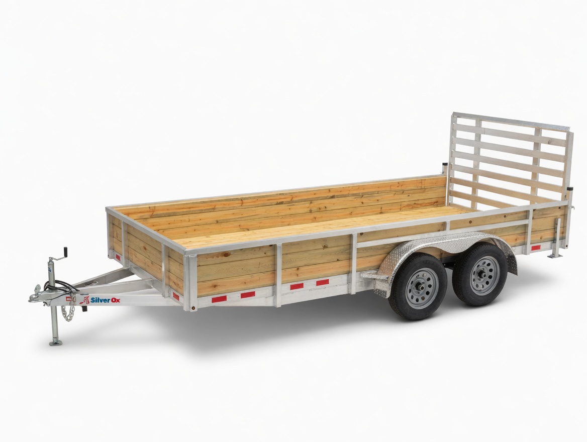 Silver Ox Woody tandem-axle wood-sided aluminum trailer — side profile studio view